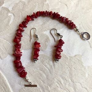 **SOLD** red coral bracelet & earrings set.  EEUC!